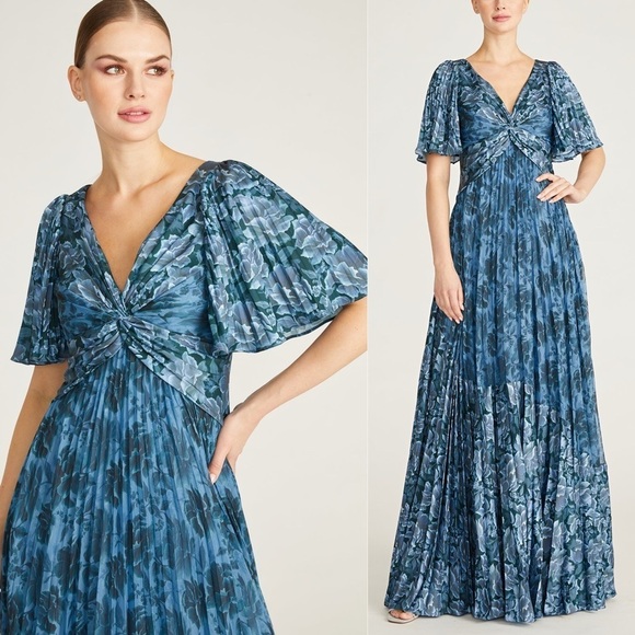 Theia Dresses & Skirts - THEIA Mabella Blue Floral Pleated Satin Twist A-Line Gown Flutter NWT 2